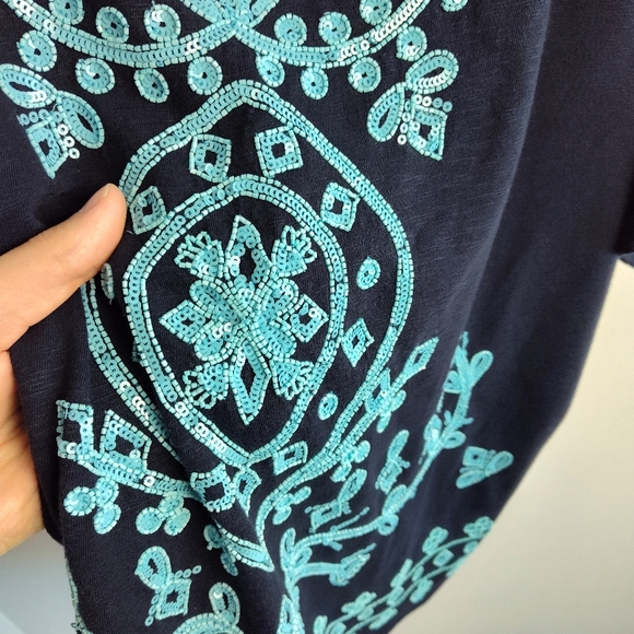 New Talbots Embellished Top cotton beaded navy blue turquoise tunic coastal 3X - Picture 9 of 16